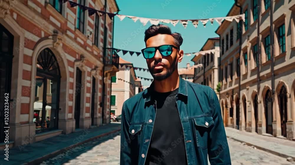 Stylish Man Walking Through Vibrant European Street Scene Footage Stylish Man Walking Through Vibrant European Street Scene Footage