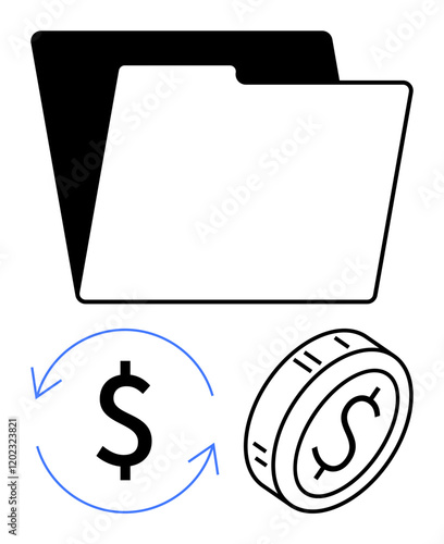 File folder with dollar sign, coin, and circular arrows representing finance management, data storage, money transactions, budgeting, business operations, savings and wealth tracking. Abstract line