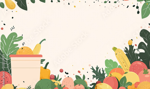 Colorful fruits and vegetables border a blank space, ideal for text or graphics. photo