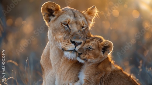 Lion Mother and Cub in Sunset Light, South Africa photo