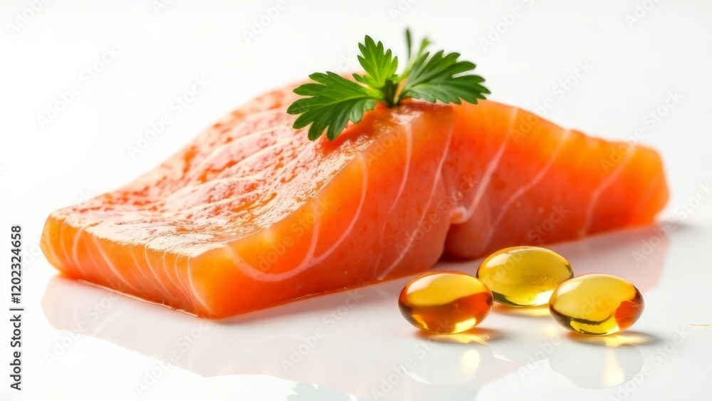 Salmon fillet and fish oil capsules nearby. Omega-3. Salmon fillet and fish oil capsules nearby. Omega-3.