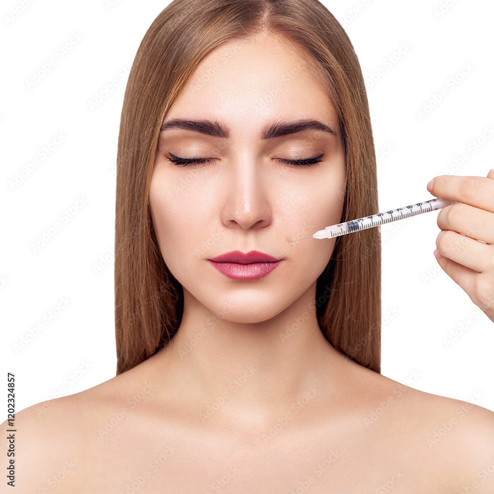 Young woman gets cosmetic injection in lips. Young woman gets cosmetic injection in lips.