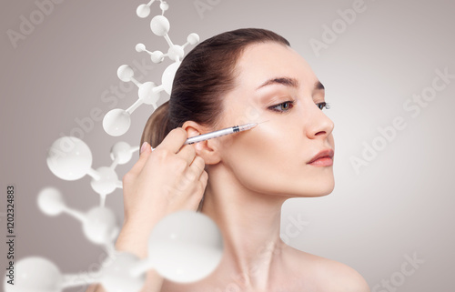 Beautiful woman has an injections in face among molecules.