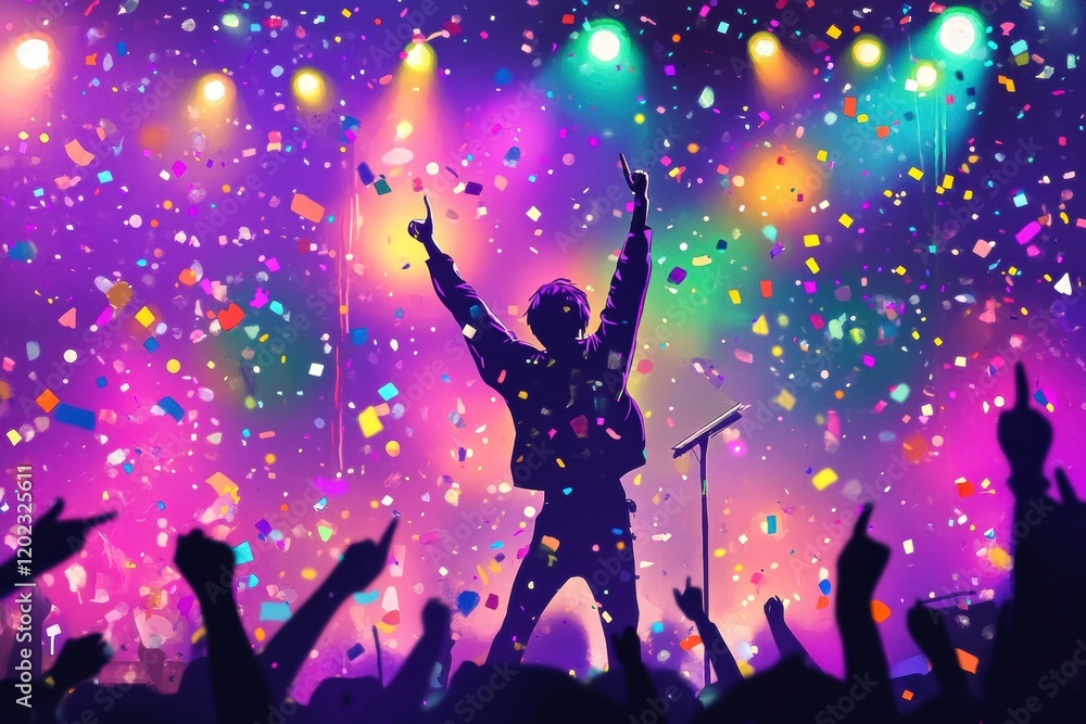 K Pop idol captivates audience with electrifying performance under vibrant lights and confetti at live concert. Generative AI K Pop idol captivates audience with electrifying performance under vibrant lights and confetti at live concert. Generative AI