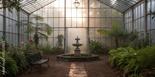 Serene greenhouse filled with lush plants and a central fountain in early morning mist photo