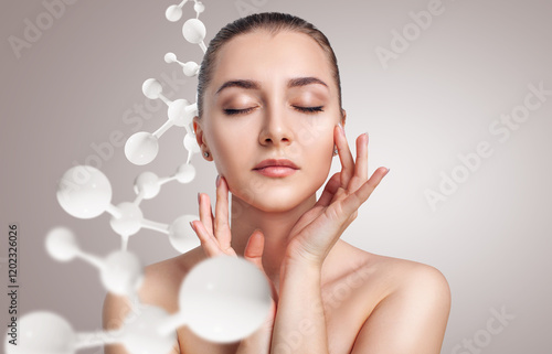 White molecules structure near beautiful sensual woman.