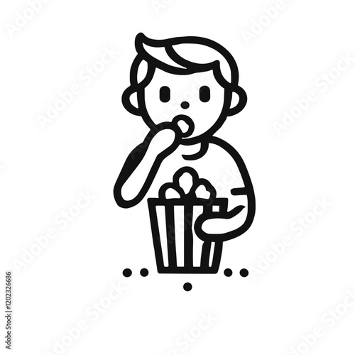 Fun icon illustration of a young boy eating popcorn