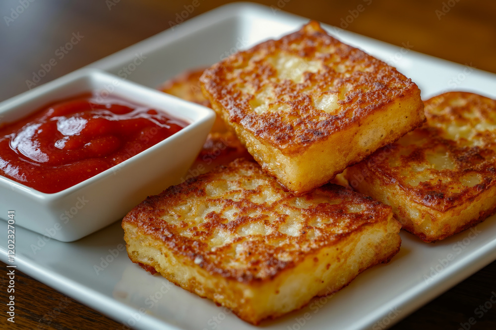 A white plate topped with french toast next to a bowl of ketchup A white plate topped with french toast next to a bowl of ketchup