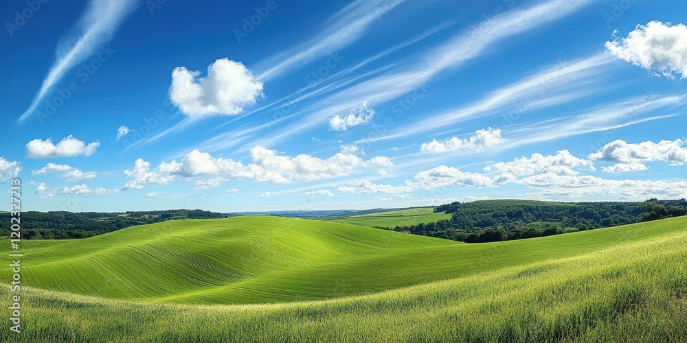 Obraz premium Lush green hills stretch across the landscape, bathed in sunlight. Wispy clouds drift in a clear blue sky, enhancing the tranquil atmosphere of the scenery