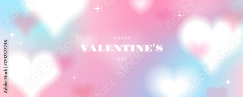 Happy Valentines Day banner with gentle gradient fill reminiscent of the sky , stars and white blurred hearts. Template for branding design, poster, promotional materials. Vector background