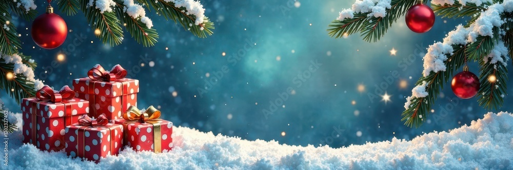 Snow-covered branches frame gift boxes, festive Christmas scene , holiday card, celebration Snow-covered branches frame gift boxes, festive Christmas scene , holiday card, celebration