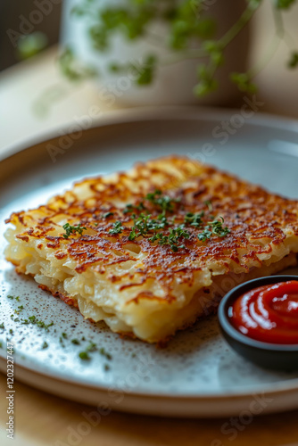 A white plate topped with a slice of potato gratin next to a bowl of ketchup