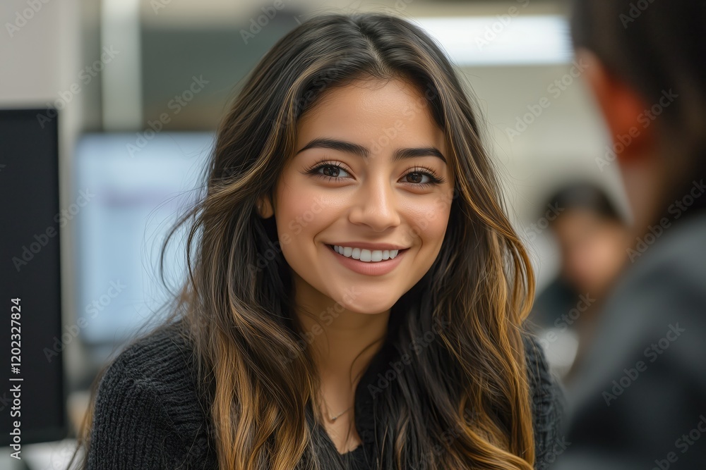 Smiling Woman in Office Setting Engaging in Conversational Interaction Smiling Woman in Office Setting Engaging in Conversational Interaction