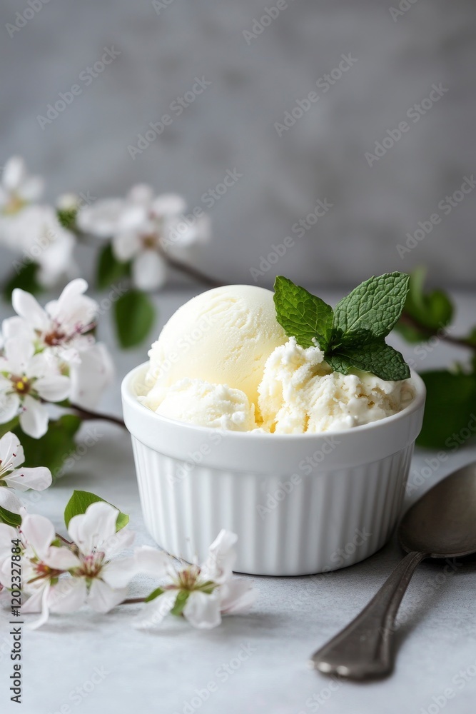 A small white ramekin filled with cheese, surrounded by blossoms, with ice cream on top and mint leaves, placed on concrete surface A small white ramekin filled with cheese, surrounded by blossoms, with ice cream on top and mint leaves, placed on concrete surface