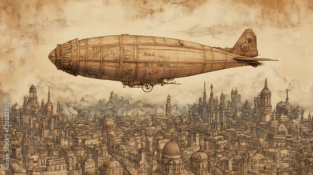 Naklejka premium Steampunk airship soaring over an antique city. Steampunk Airship Adventure. Illustration