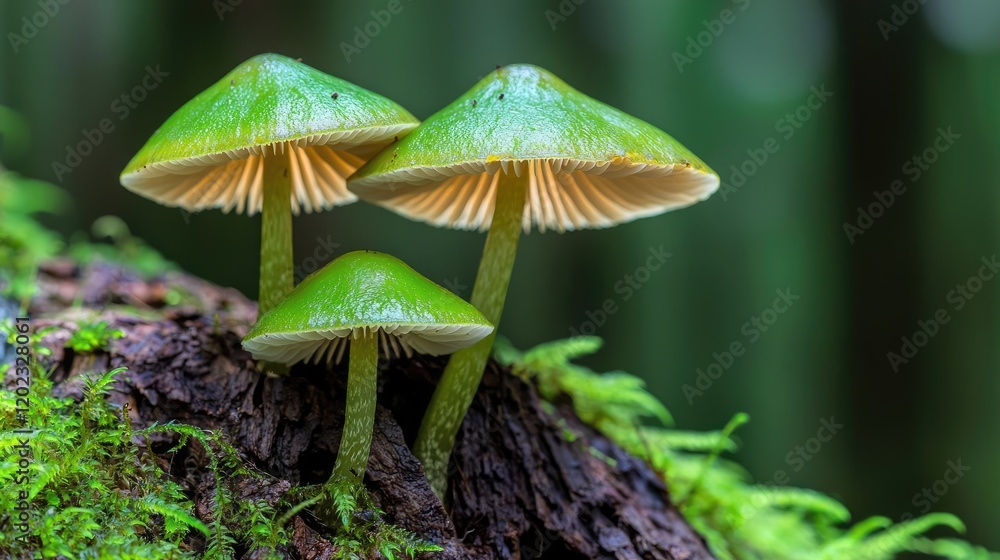 Green mushrooms growing on mossy log in forest. Nature background, ideal for nature documentaries Green mushrooms growing on mossy log in forest. Nature background, ideal for nature documentaries