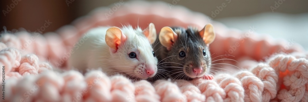 Two miniature rats resting on a pastel knitted throw , cute, miniature Two miniature rats resting on a pastel knitted throw , cute, miniature