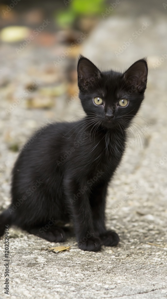 Small black kitten with bright, curious eyes sitting on a concrete surface in a garden, creating a charming and endearing atmosphere amidst the natural surroundings Small black kitten with bright, curious eyes sitting on a concrete surface in a garden, creating a charming and endearing atmosphere amidst the natural surroundings
