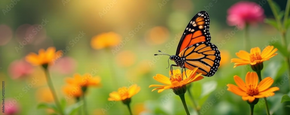 Obraz premium Vibrant monarch butterflies on blooming flower meadow, garden, pattern