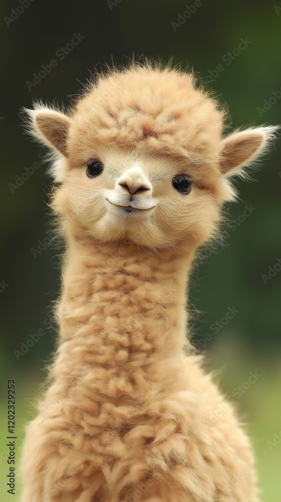 Fototapeta premium Endearing baby alpaca captivates with its fluffy, golden fur and sweet expression, creating a heartwarming portrait of youthful innocence in the animal kingdom