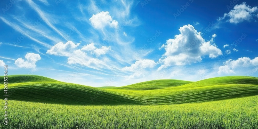 Obraz premium Rolling green hills stretch under a bright blue sky, adorned with fluffy white clouds, creating a serene and inviting landscape in daylight
