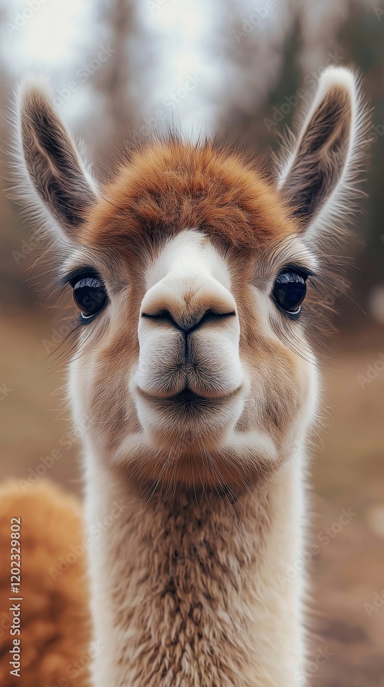 Obraz premium Capturing the portrait of a vicuña, showcasing its stunning fur and gentle expression in close-up, surrounded by a beautifully blurred background with a soft bokeh effect