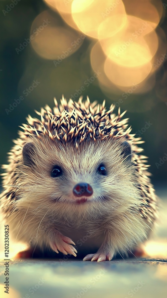 Fototapeta premium Small hedgehog with spiky fur standing on a wooden surface, surrounded by a softly blurred bokeh background, creating an enchanting and heartwarming scene full of charm and cuteness