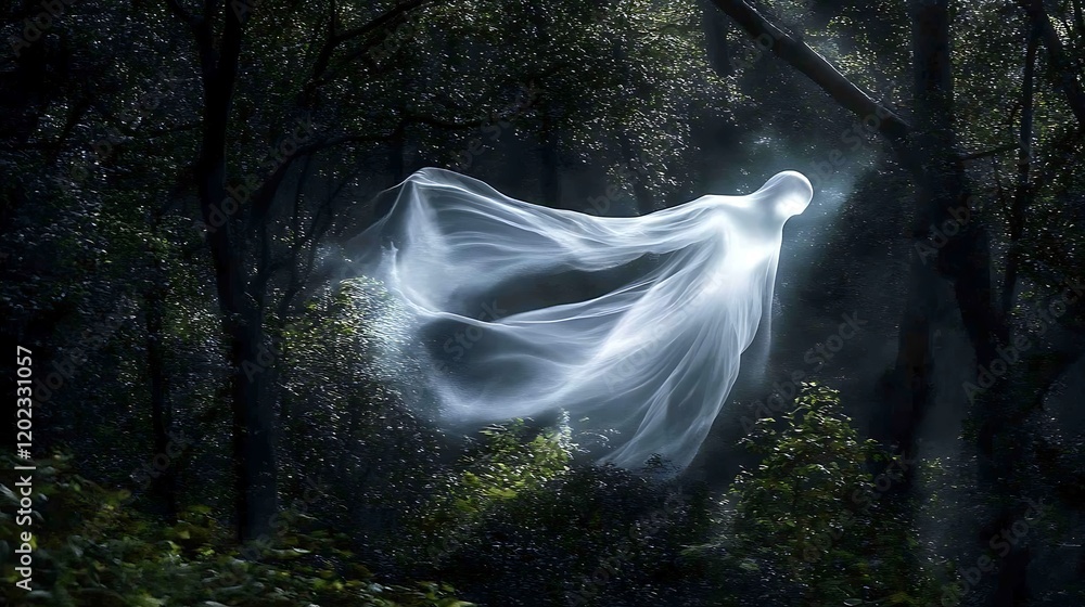 Spiritual ghostly presence emerging from misty trees in a dark forest Spiritual ghostly presence emerging from misty trees in a dark forest