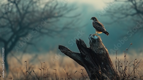 eurasian marsh harrier or Circus spilonotus at keoladeo national park or bharatpur bird sanctuary rajasthan india, bird of prey perched on dead tree trunk in natural green background in winter safari photo