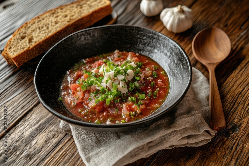 Bowl of soup with fresh green onions, garlic, and bread, outdoor setting Bowl of soup with fresh green onions, garlic, and bread, outdoor setting