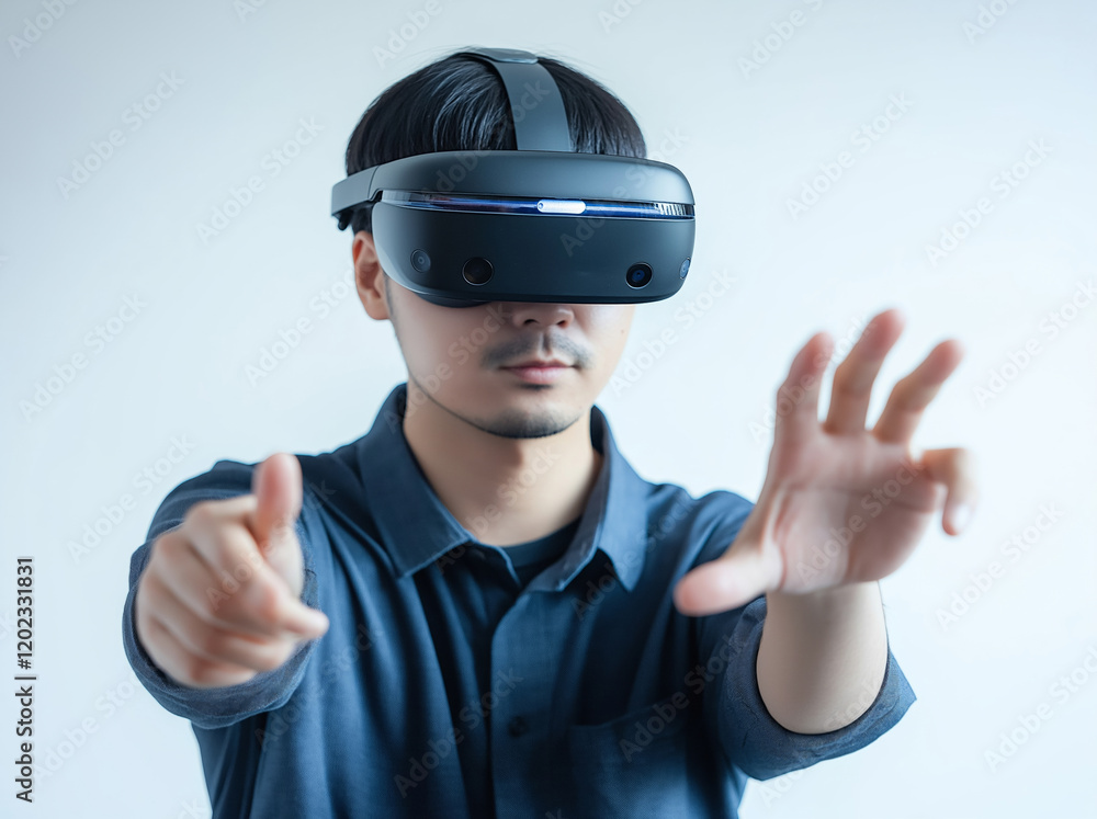 Asian man wearing a vr headset, immersing himself in virtual reality while reaching out to interact with digital elements in the expansive metaverse Asian man wearing a vr headset, immersing himself in virtual reality while reaching out to interact with digital elements in the expansive metaverse