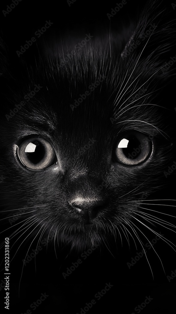 Close-up portrait featuring a black kitten emerging from a dark background, captivating eyes drawing viewers in with an intense and mysterious gaze, evoking emotions of curiosity and innocence Close-up portrait featuring a black kitten emerging from a dark background, captivating eyes drawing viewers in with an intense and mysterious gaze, evoking emotions of curiosity and innocence