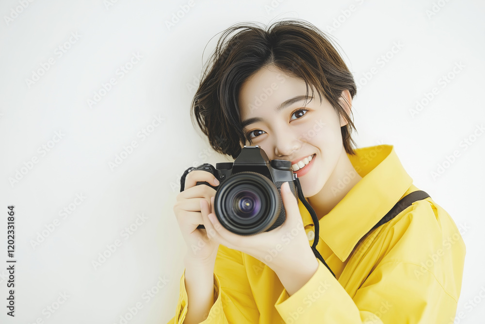Young photographer smiling and holding a professional camera, enjoying her passion for photography in a simple white background, representing creativity, skill, and artistic vision Young photographer smiling and holding a professional camera, enjoying her passion for photography in a simple white background, representing creativity, skill, and artistic vision