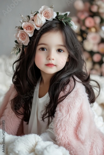 Wallpaper Mural Cute little girl wearing a pink fur coat, a flower hairpin, sitting on the bed with a soft blanket Torontodigital.ca