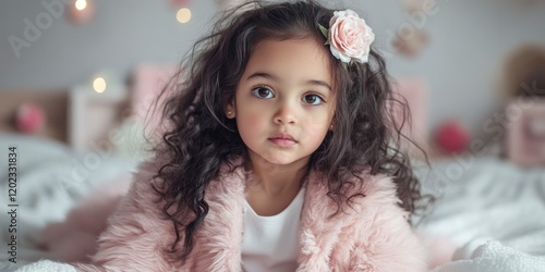 Wallpaper Mural Cute little girl wearing a pink fur coat, a flower hairpin, sitting on the bed with a soft blanket Torontodigital.ca