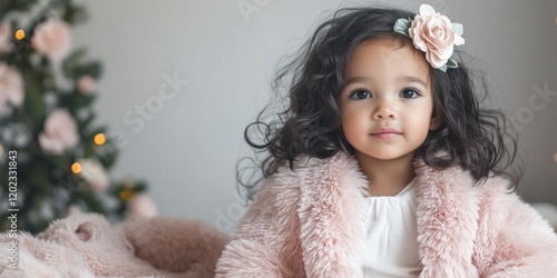 Wallpaper Mural Cute little girl wearing a pink fur coat, a flower hairpin, sitting on the bed with a soft blanket Torontodigital.ca