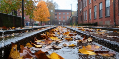 Wallpaper Mural autumn leaves on street tracks, wet ground red brick buildings in the background Torontodigital.ca