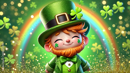 A cute leprechaun is painted in 3d, with a background that is perfect for a st. patrick's day.
