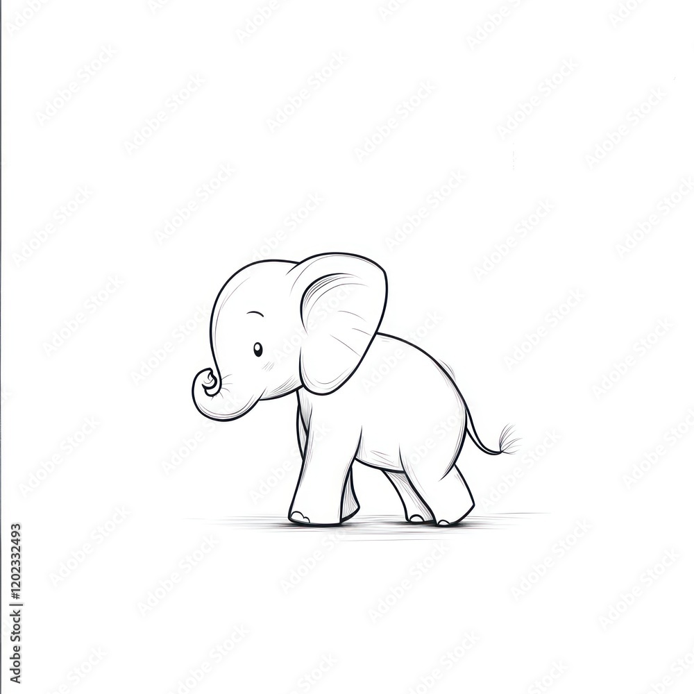 Fototapeta premium Cute baby elephant walking, white background, children's book illustration (2)