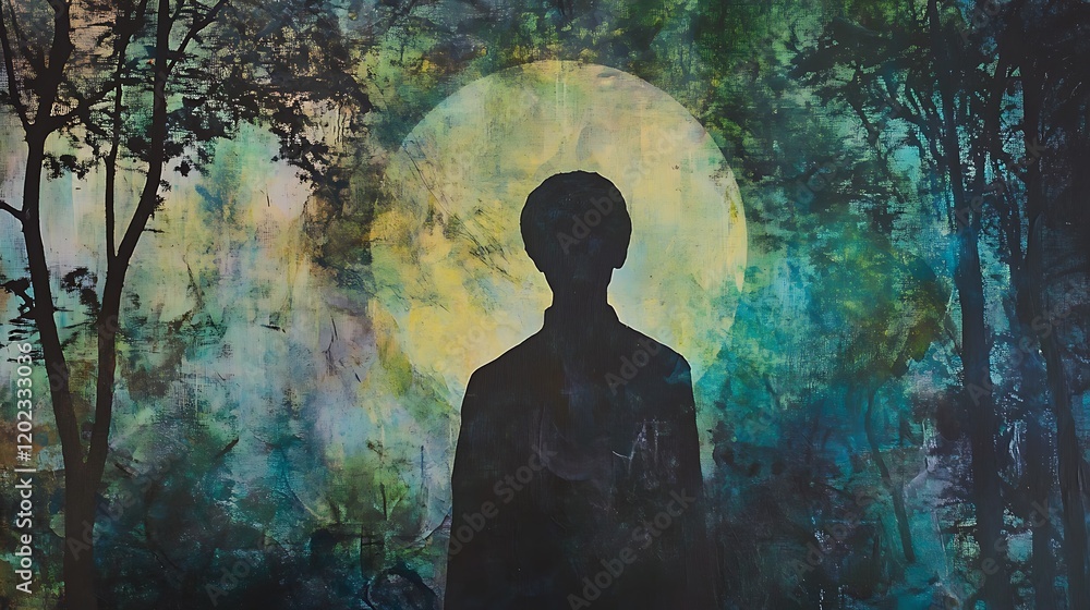 Ghostly figure surrounded by eerie trees and a faint spiritual glow Ghostly figure surrounded by eerie trees and a faint spiritual glow