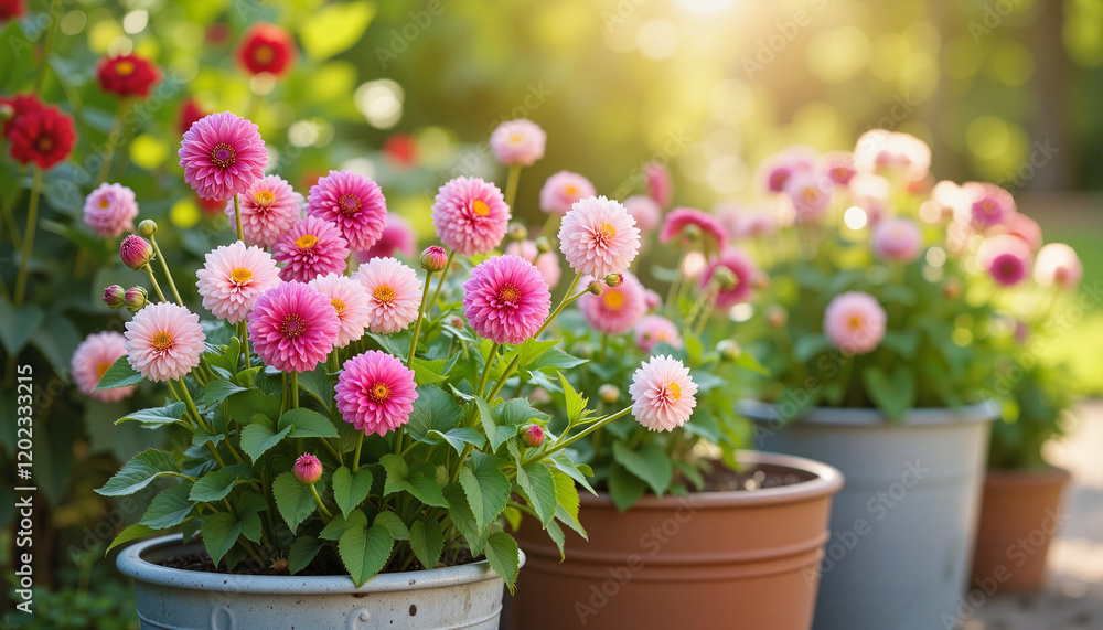 Blooming dahlias in pots under bright afternoon light, urban gardening Blooming dahlias in pots under bright afternoon light, urban gardening
