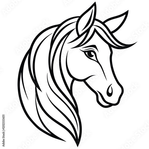 A majestic and graceful horse head in minimalist line art, featuring flowing curves and sharp details to represent strength and freedom.
