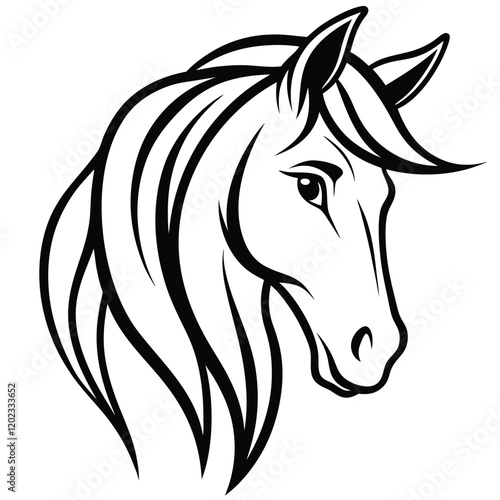A majestic and graceful horse head in minimalist line art, featuring flowing curves and sharp details to represent strength and freedom.