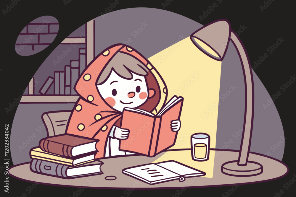 A cute boy is reading a book at night. A cute boy is reading a book at night.