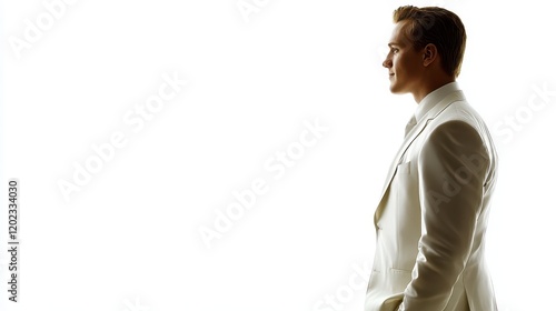 Man in White Suit Profile View Against White Background photo