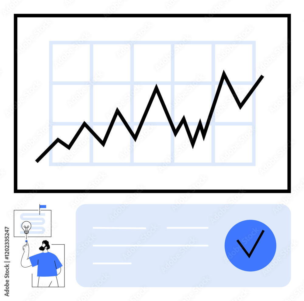 Businessman pointing at fluctuating line chart atop grid background, large check mark, and document. Ideal for business analysis, strategy planning, financial projections, progress tracking, success Businessman pointing at fluctuating line chart atop grid background, large check mark, and document. Ideal for business analysis, strategy planning, financial projections, progress tracking, success