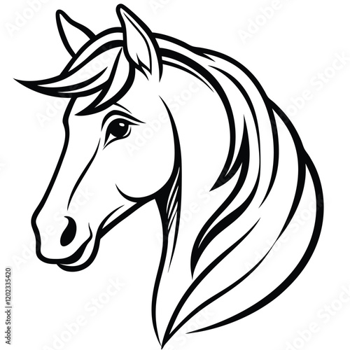 A majestic and graceful horse head in minimalist line art, featuring flowing curves and sharp details to represent strength and freedom.
