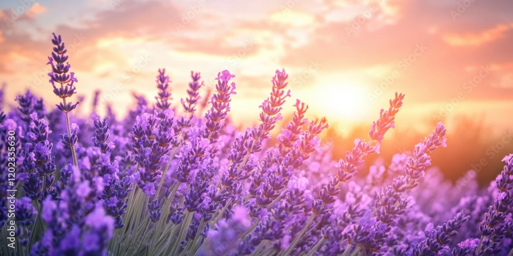 A vibrant lavender field stretches towards the horizon as the sun sets, illuminating the sky with warm colors and creating a peaceful, tranquil atmosphere A vibrant lavender field stretches towards the horizon as the sun sets, illuminating the sky with warm colors and creating a peaceful, tranquil atmosphere