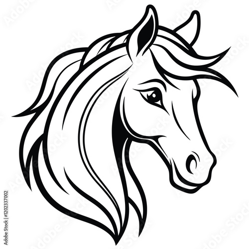 A majestic and graceful horse head in minimalist line art, featuring flowing curves and sharp details to represent strength and freedom.