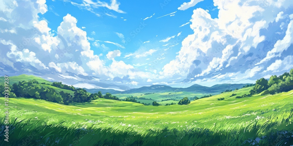 Obraz premium Lush green hills stretch across the horizon, dotted with trees and bathed in sunlight, while fluffy white clouds float in the clear blue sky